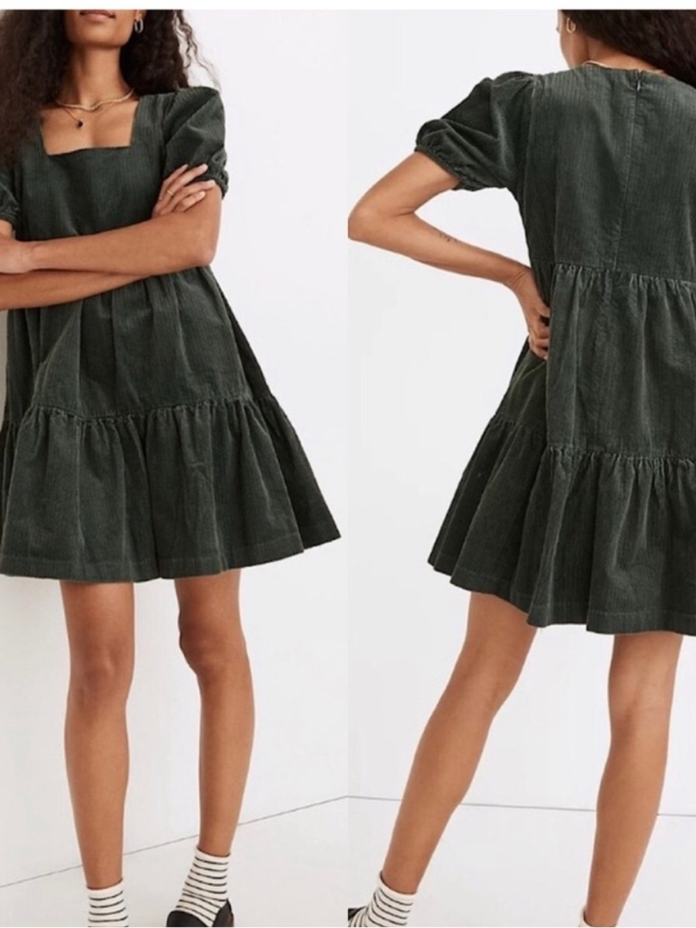MADEWELL Aidy Babydoll Green Tiered Corduroy Mini Dress Dark Academia Preppy 12